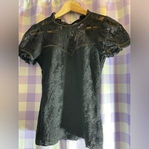 Black Lace Puff Sleeve Blouse Small
